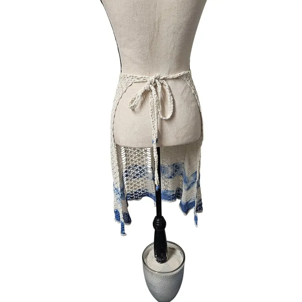 Vintage Hand Crochet Hostess Apron Ivory Blue Lace Tie Waist Cottagecore